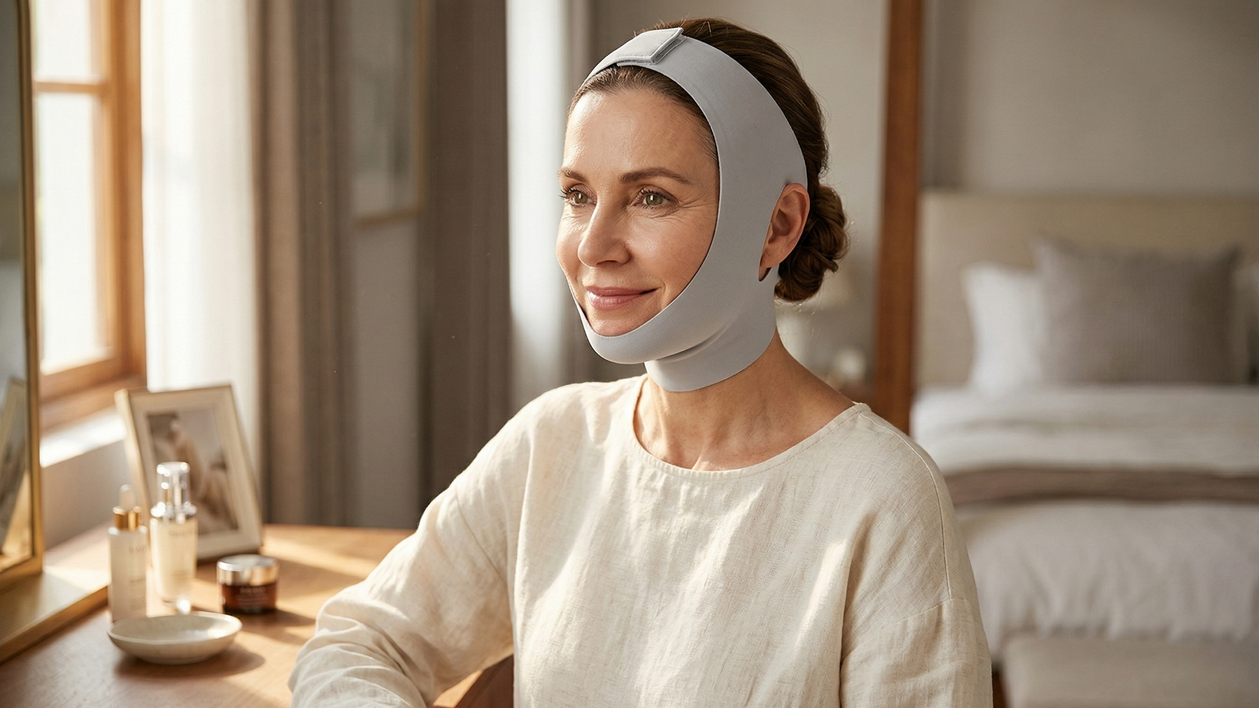 Woman in natural light with PRACTS Collagen Face Sculpt Wrap visible on vanity